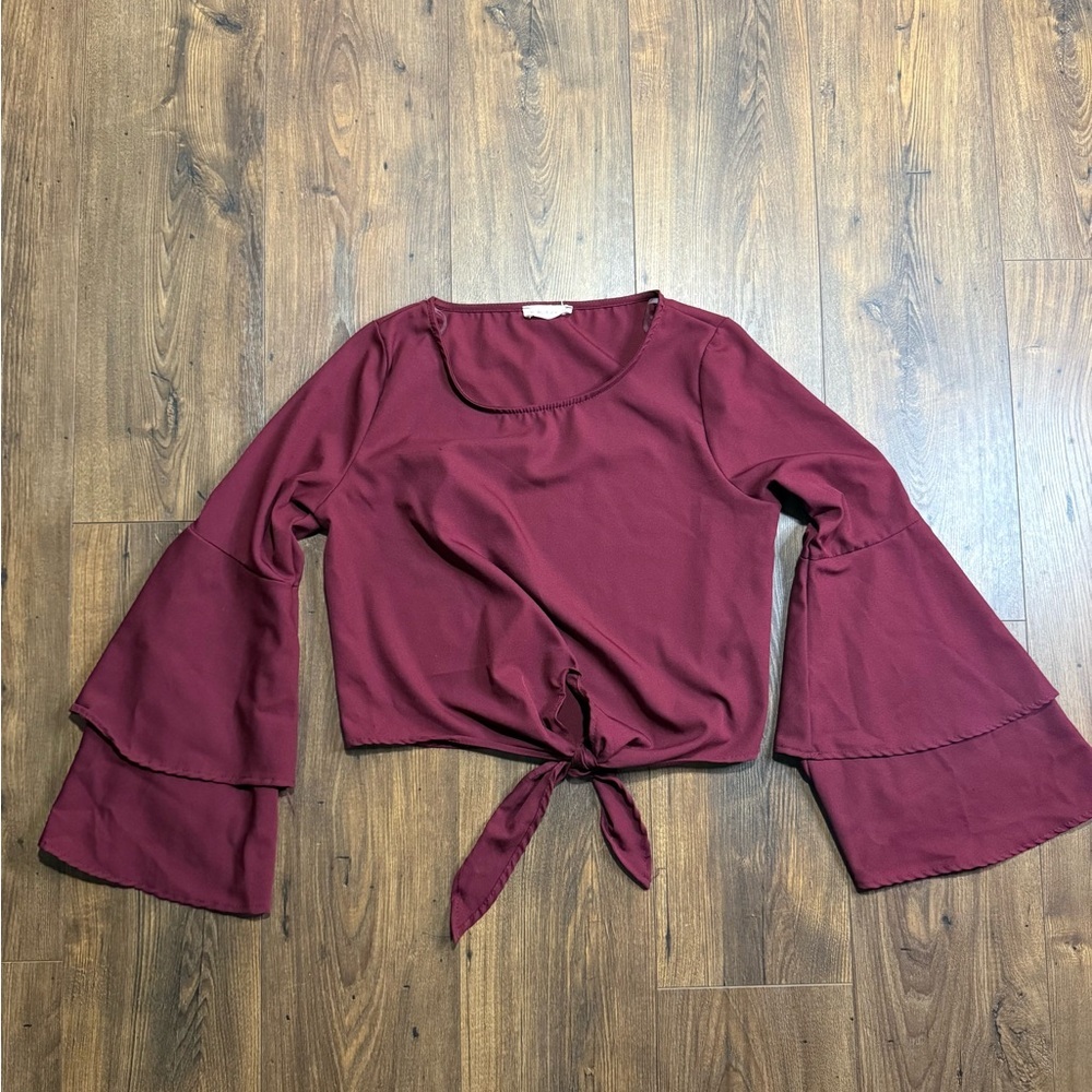 Altar'd State Burgundy Tie-Front Bell Sleeve Blouse